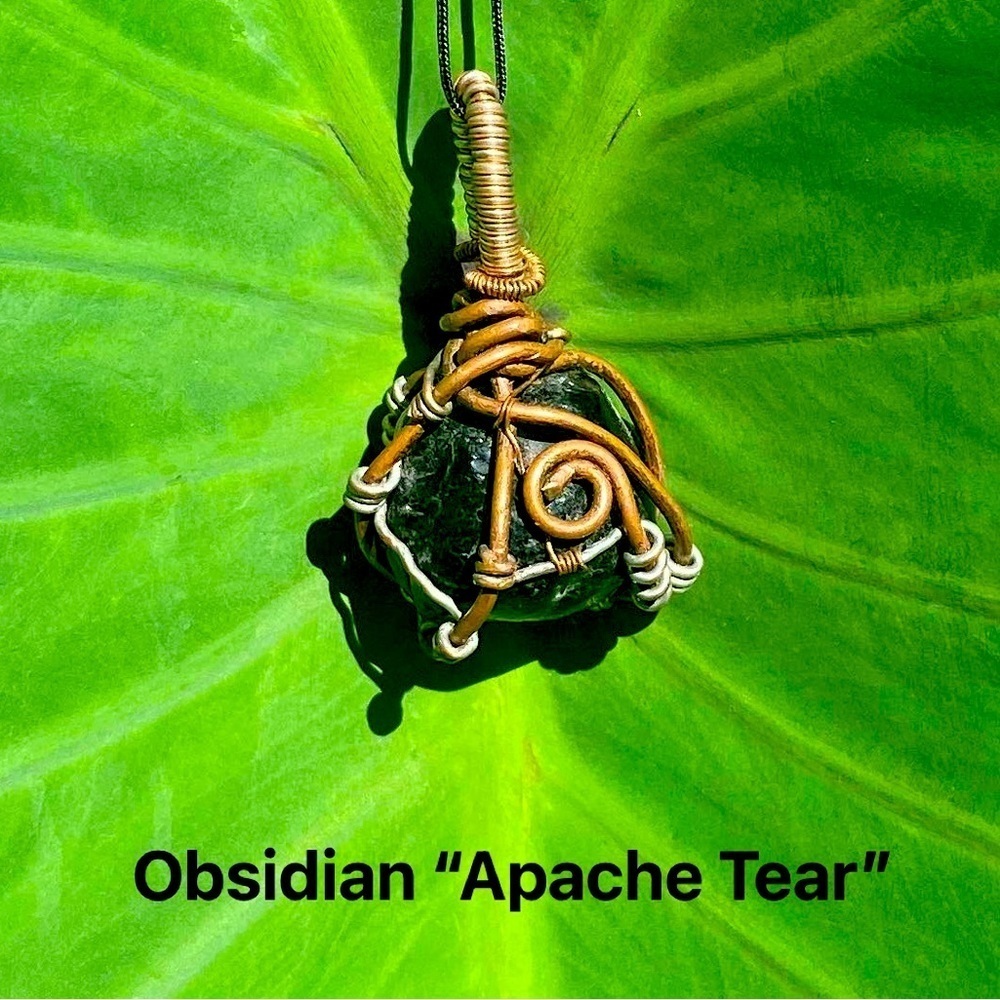 Artisan Crafted Wire Wrapped Obsidian Apache Tear Pendant Necklace